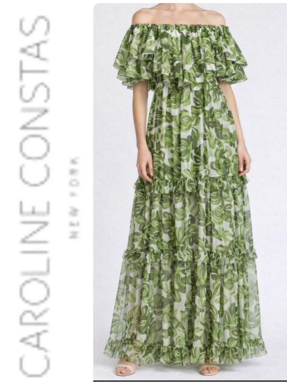 Caroline Constas Olive Green Off-Shoulder Floral Tiered Maxi Dress